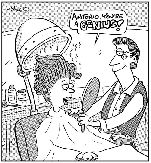 Medusa gets her hair styled. ('Antonio, you're a genius!')