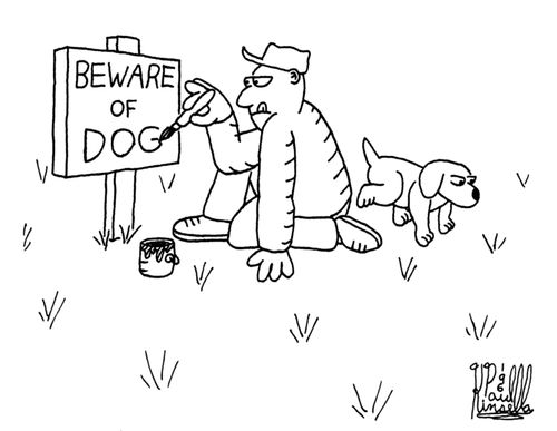 Beware of Dog sign being painted by a man who is about to be peed on by a dog.