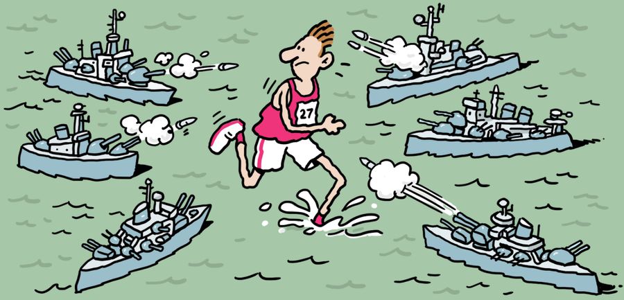 A jogger being bombarded by tiny battleships in a pond.