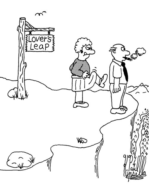Woman kicking her husband off 'Lover's Leap'.