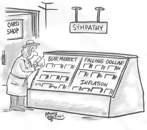 Lady in Card Shop sees Sympathy Cards section with 'Bear Market', 'Falling Dollar' and 'Inflation' categories.