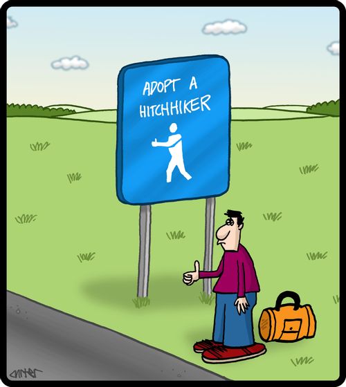 Adopt a hitchhiker sign.