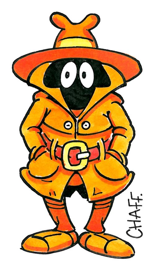 Secret agent in an orange trench coat.