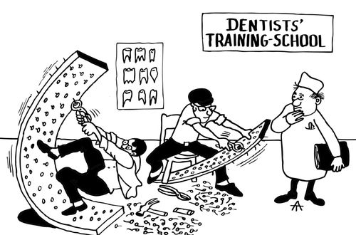 Dentists practice pulling nails out of boards.
