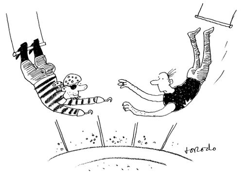 Trapeze artist being caught by pirate with two hooks.
