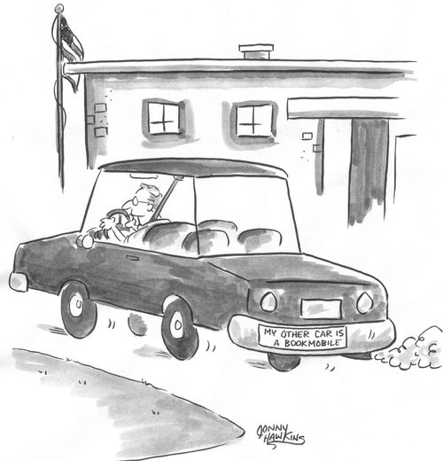Car's bumper sticker reads: 'My other car is a bookmobile.'