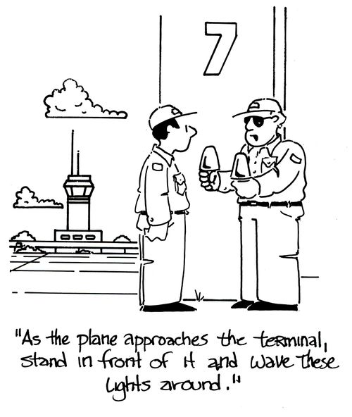 'As the plane approaches the terminal, stand in front of it and wave these lights around.'