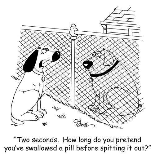 'Two seconds. How long do you pretend you've swallowed a pill before spitting it out?'