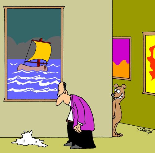 A Dog Plays A Trick On A Man In A Museum.