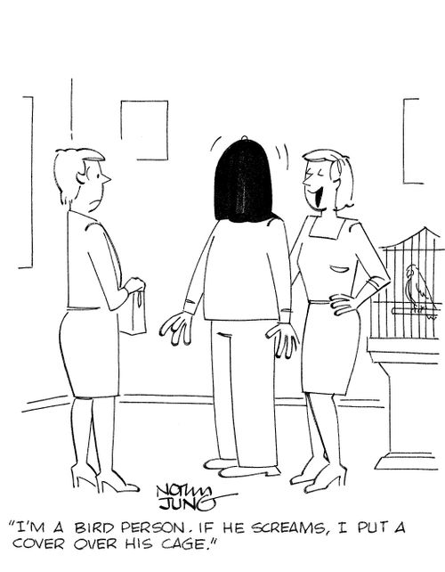 'I'm a bird person. If he screams, I put a cover over his cage.'