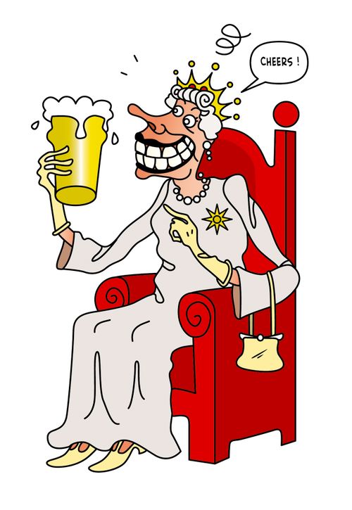 Queen Elizabeth holding a pint of beer.