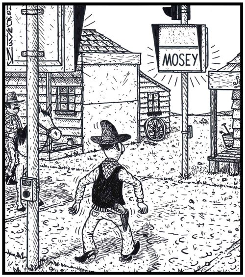 A Cowboy moseys along at a Walk sign