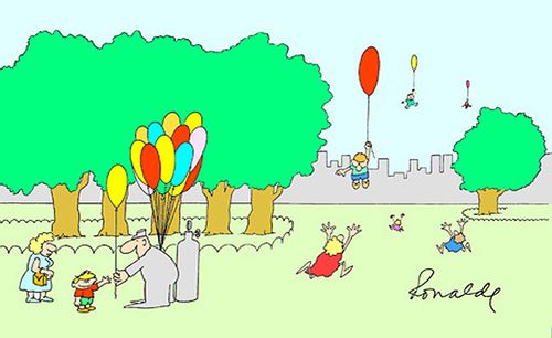 Balloons carrying children away.