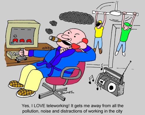 Man in a messy, noisy office describing, over the phone, how he loves Telesales as it gets him out of the messy, noisy city