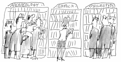 Woman reading erotica in a library looked upon by men