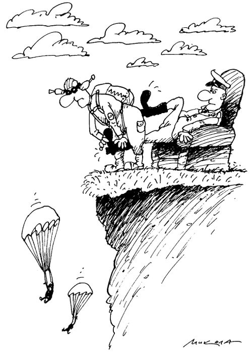 Parachutists getting kicked off cliff by officer in charge