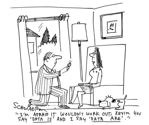 'I'm afraid it wouldn't work out, Kevin. You say 'data is' and I say 'data are'.'
