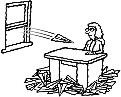 Woman in office bombarded by paper airplanes flying through window.