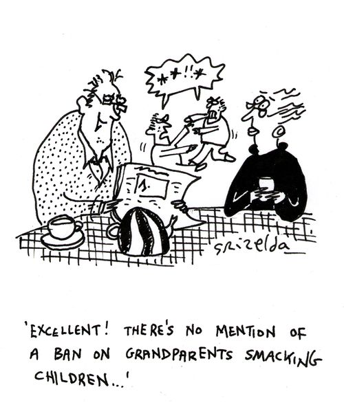 'Excellent! There's no mention of a ban on Grandparents smacking children..' (children fighting in background).