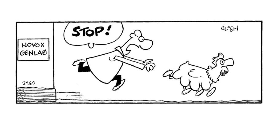 Novox Genlab - 'Stop!' scientist chases after four legged chicken.
