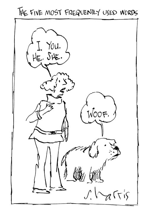 The Five Most Frequently Used Words:   'I. You.  He.  She.'  'Woof.'