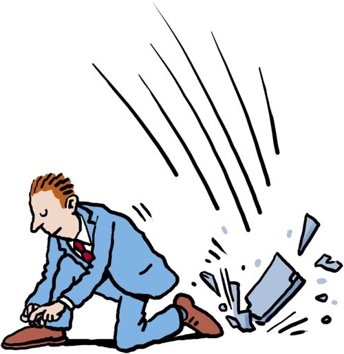 Man tying shoelace, unaware of roof tile smashing behind him