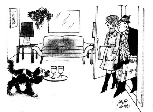 Dog greets owners with drinks.