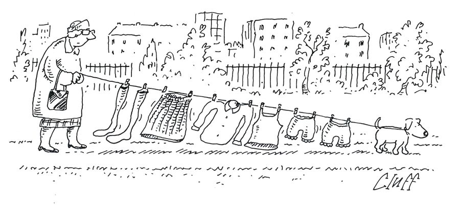 Woman walks the dog, using a clothes line as a dog lead.