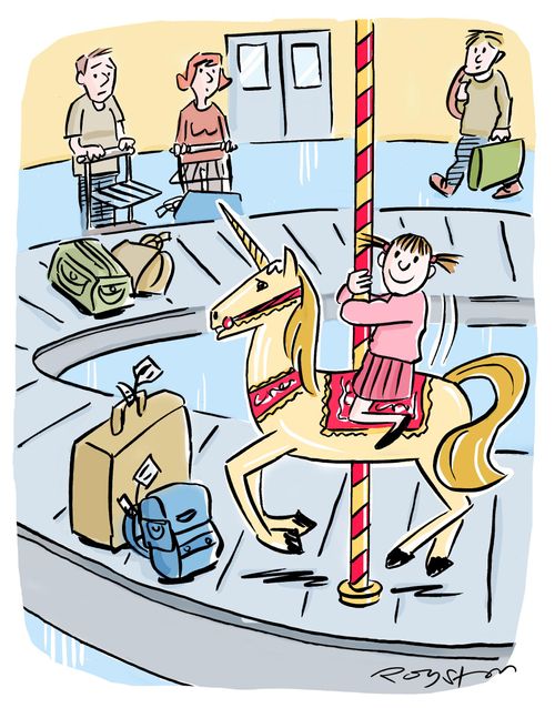 Girl rides fairground horse on airport baggage carousel.