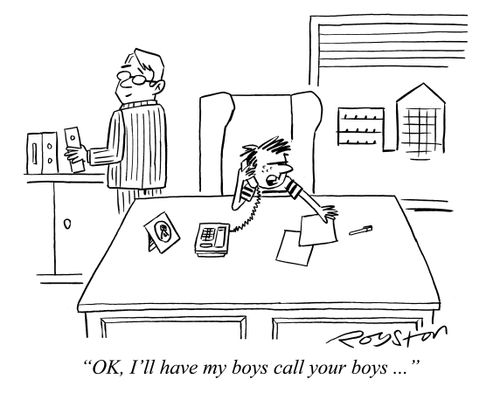 Boy sits at father's desk at work and says on phone: 'OK, I'll have my boys call your boys ..'