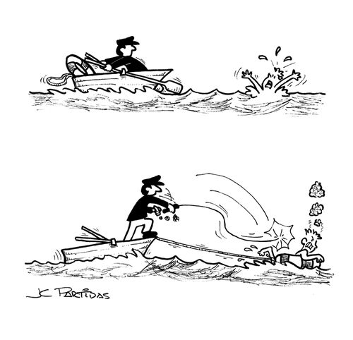 A person is asking for help in the sea. A sailor comes just to the poor man just to make him to pull the boat.