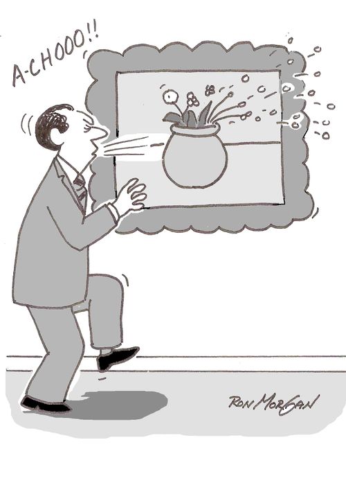 Man sneezes and blows flowers out of painting.