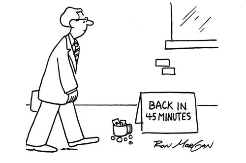 Beggar has left a sign reading 'Back in 45 minutes'.