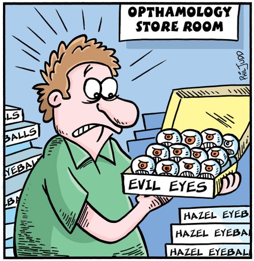 Guy in Opthamology Store Room getting Evil Eyeballs.