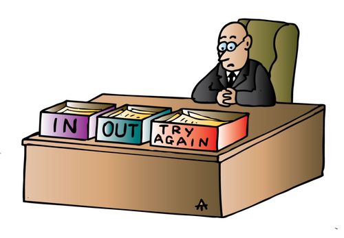 Man with In, Out and Try Again Desk Organizers.
