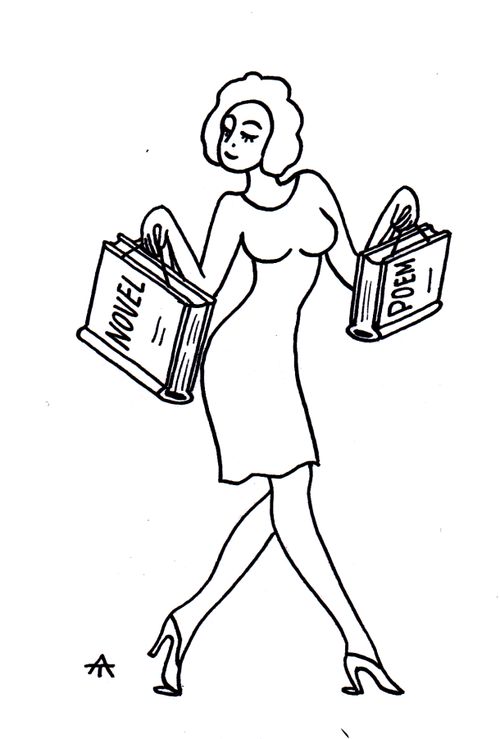 A woman with a novel and poetry handbag.
