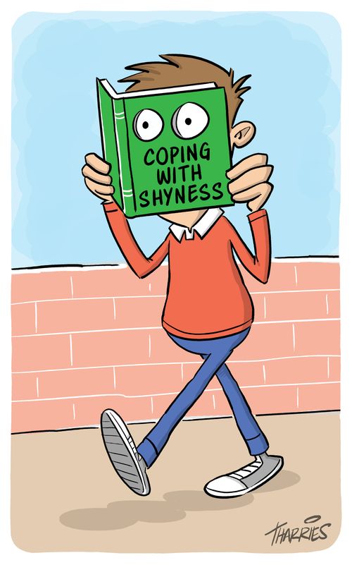 Person is hiding behind book entitled 'Coping with shyness'.