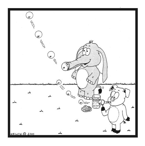 Elephant and Pig Blowing Bubbles.