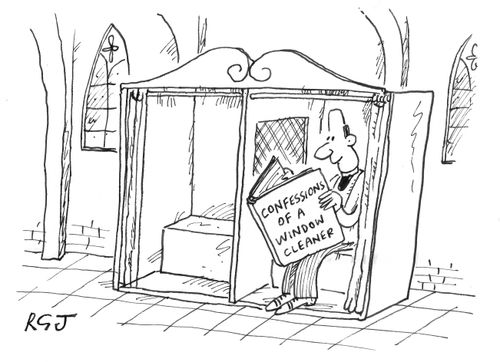 Priest reading 'Confessions of a Window Cleaner'.