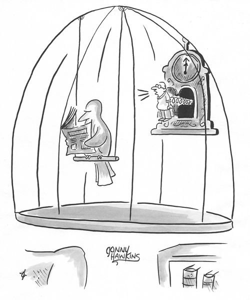 Bird in cage has man as a cuckoo clock.