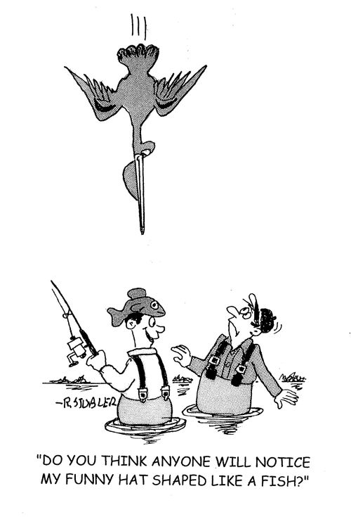 'Do you think anyone will notice my funny hat shaped like a fish?'