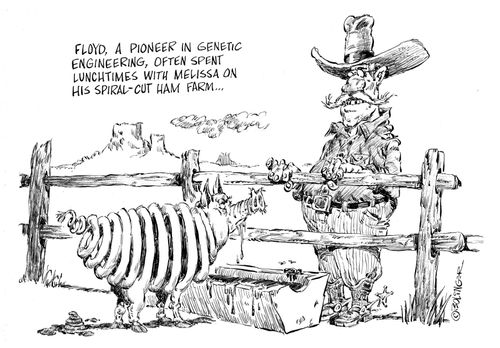 Floyd, a pioneer in genetic engineering, often spent lunchtimes with Melissa on his spiral-cut ham farm.