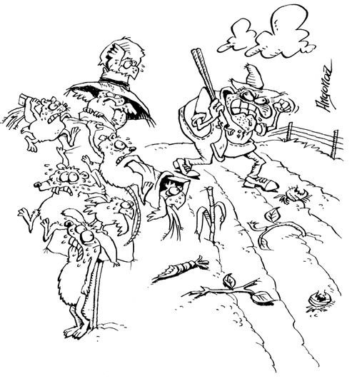 Moles hiding on a scarecrow.