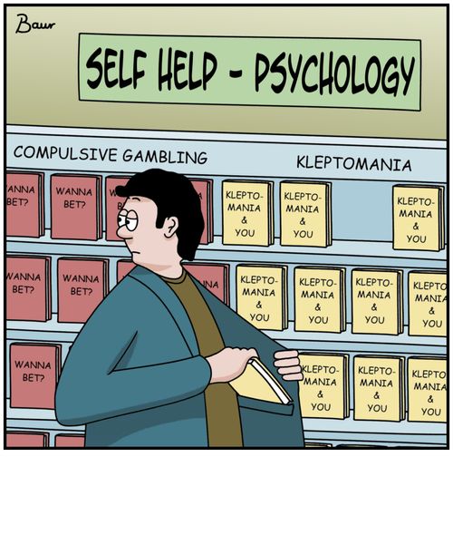 Thief stealing a self-help book on kleptomania