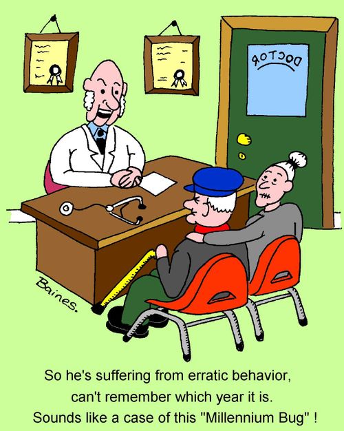 A doctor tells an old couple that the man is suffering from the 'Millennium bug'.