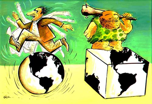 Two men with different globes, modern man is running on the globe.