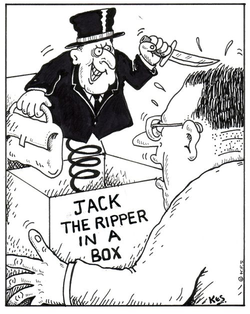 Jack the ripper pops out of a jack in the box.