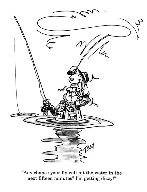 'Any chance your fly will hit the water in the next fifteen minutes?  I'm getting dizzy!'