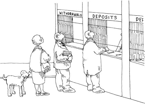 Dog makes a bank deposit.