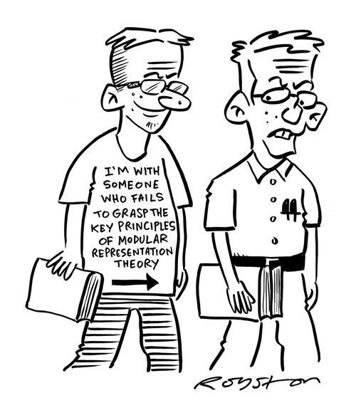 Geek wears T-shirt that points to his friend and says: 'I'm with someone who fails to grasp the key principles of modular representation theory.'